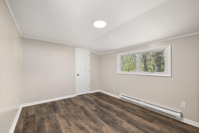 624 Bendle Ave, Shelby, OH 44875 - unfurnished room featuring a baseboard radiator, baseboards, dark wood-style floors, crown molding, and lofted ceiling