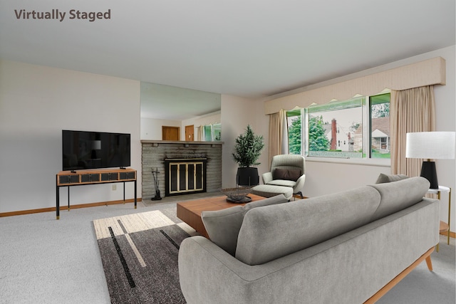living room with carpet flooring, baseboards, and a glass covered fireplace
