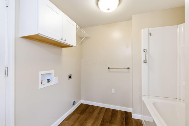 774 Congress St, Marion, OH 43302 - laundry area featuring cabinet space, dark wood-type flooring, baseboards, washer hookup, and electric dryer hookup