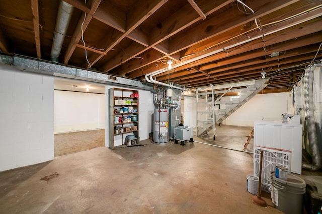1512 Shanley Dr, Columbus, OH 43224 - unfinished below grade area with gas water heater, washer / dryer, stairway, and concrete block wall