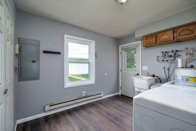 13216 Sheley Road Nw, Jeffersonville, OH 43128 - clothes washing area with washer / clothes dryer, baseboard heating, electric panel, electric water heater, and cabinet space