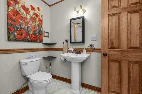 29002 Rockstull Rd, Sugar Grove, OH 43155 - bathroom with toilet, crown molding, a sink, and marble finish floors