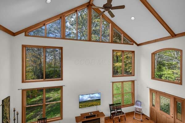 29002 Rockstull Rd, Sugar Grove, OH 43155 - living area featuring high vaulted ceiling, ceiling fan, wood finished floors, and recessed lighting