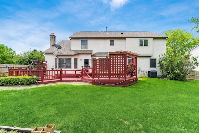 7936 Slate Ridge Blvd, Reynoldsburg, OH 43068 - back of house featuring a pergola, a chimney, stucco siding, a deck, and central AC