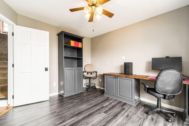 7936 Slate Ridge Blvd, Reynoldsburg, OH 43068 - office area with dark wood-style flooring, a ceiling fan, and baseboards