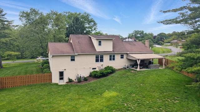 5336 Rocky Creek Dr, Grove City, OH 43123 - rear view of house featuring stucco siding, a patio, a chimney, and a shingled roof