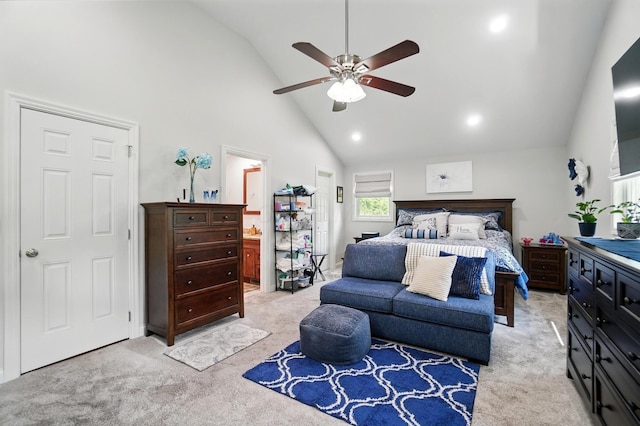 5336 Rocky Creek Dr, Grove City, OH 43123 - bedroom with high vaulted ceiling, light carpet, ceiling fan, ensuite bathroom, and recessed lighting