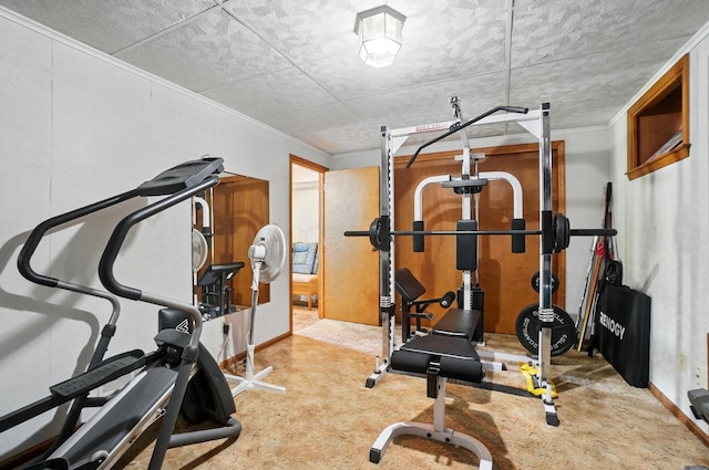 5336 Rocky Creek Dr, Grove City, OH 43123 - workout area with crown molding, baseboards, and carpet floors