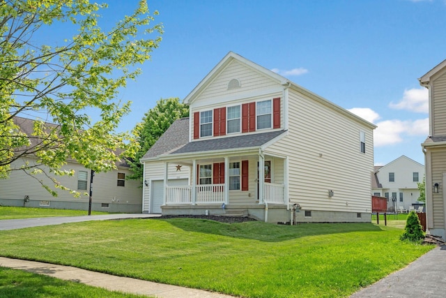 traditional home featuring a porch, driveway, a front yard, a shingled roof, and crawl space