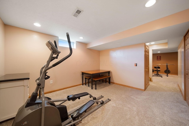 workout area with light colored carpet, recessed lighting, and baseboards
