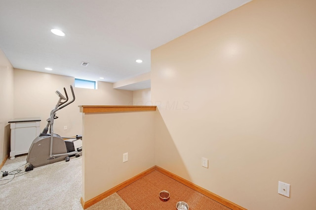 workout area with carpet, recessed lighting, and baseboards