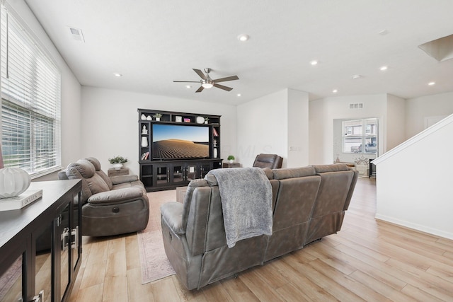 3321 Butternut Ln, Hebron, OH 43025 - living area with light wood-type flooring, ceiling fan, healthy amount of natural light, recessed lighting, and baseboards