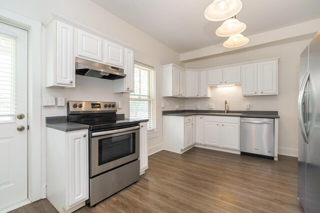 684 Hamlet St, Columbus, OH 43215 - kitchen featuring stainless steel appliances, under cabinet range hood, a sink, and white cabinetry