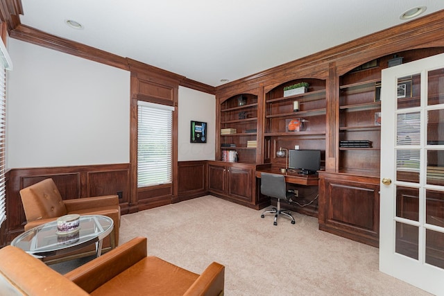 1338 Elkhorn Dr, Blacklick, OH 43004 - office area with wainscoting, light carpet, ornamental molding, and built in features