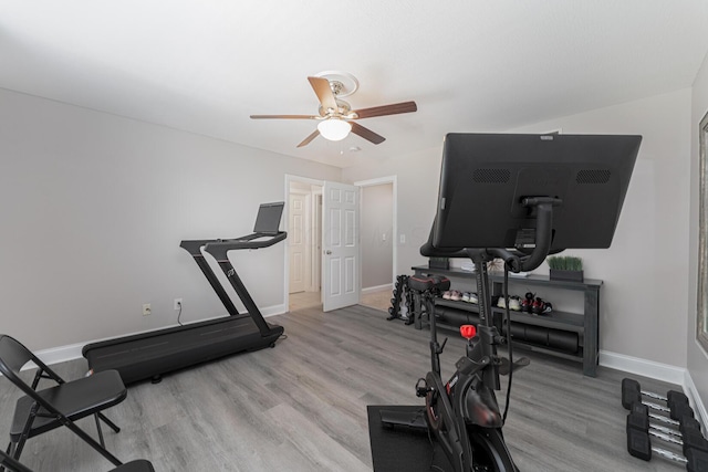 1338 Elkhorn Dr, Blacklick, OH 43004 - exercise area with ceiling fan, wood finished floors, and baseboards