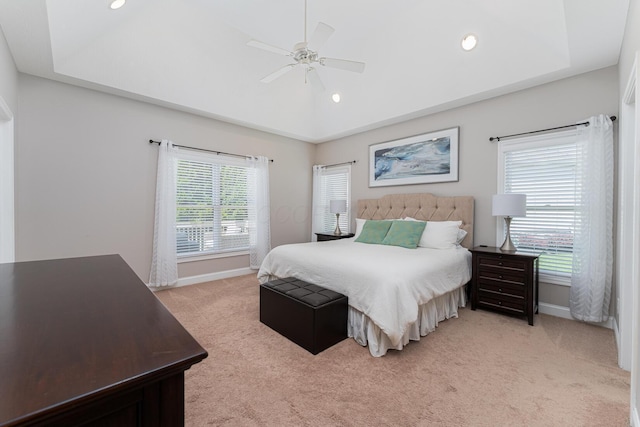 1338 Elkhorn Dr, Blacklick, OH 43004 - bedroom with light colored carpet, baseboards, recessed lighting, a ceiling fan, and lofted ceiling