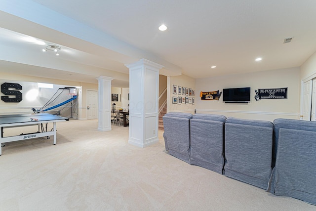 1338 Elkhorn Dr, Blacklick, OH 43004 - living room featuring stairway, light colored carpet, and recessed lighting
