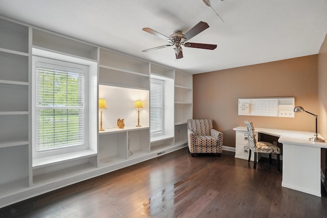 9820 Heimberger Rd NW, Baltimore, OH 43105 - office area featuring wood finished floors, a ceiling fan, built in features, and baseboards
