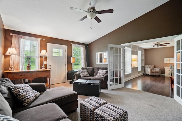 9820 Heimberger Rd NW, Baltimore, OH 43105 - carpeted living area with french doors, a ceiling fan, wood finished floors, and high vaulted ceiling