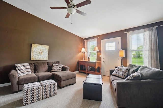 9820 Heimberger Rd NW, Baltimore, OH 43105 - living room with baseboards, carpet floors, ceiling fan, and vaulted ceiling