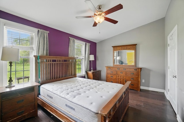 9820 Heimberger Rd NW, Baltimore, OH 43105 - bedroom featuring vaulted ceiling, multiple windows, dark wood finished floors, baseboards, and ceiling fan
