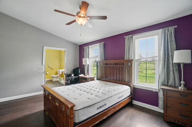 9820 Heimberger Rd NW, Baltimore, OH 43105 - bedroom with lofted ceiling, baseboards, wood finished floors, ensuite bath, and ceiling fan