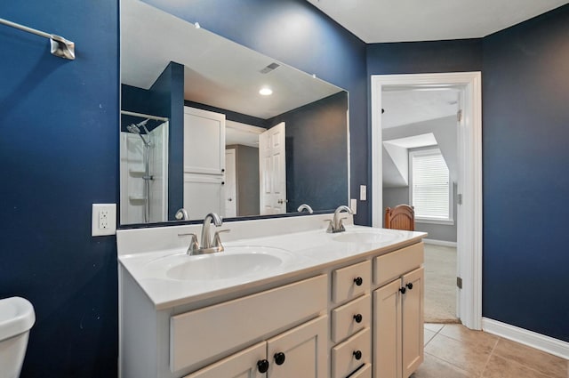 9820 Heimberger Rd NW, Baltimore, OH 43105 - bathroom with tile patterned flooring, baseboards, a shower, and double vanity