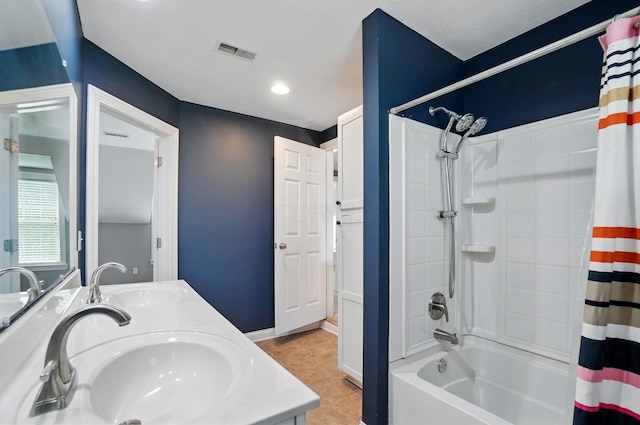 9820 Heimberger Rd NW, Baltimore, OH 43105 - full bathroom featuring shower / bath combo with shower curtain, tile patterned floors, recessed lighting, and double vanity