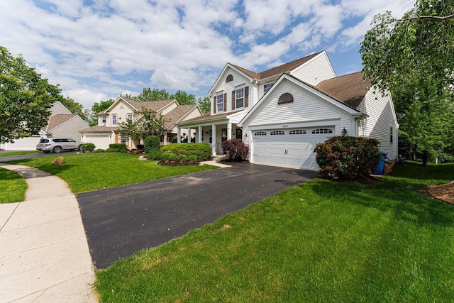 view of front facade featuring driveway, a front lawn, an attached garage, covered porch, and a shingled roof