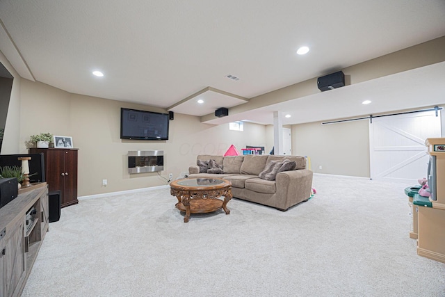 3409 Marl Pl, Columbus, OH 43221 - living area featuring light carpet, a barn door, baseboards, and recessed lighting