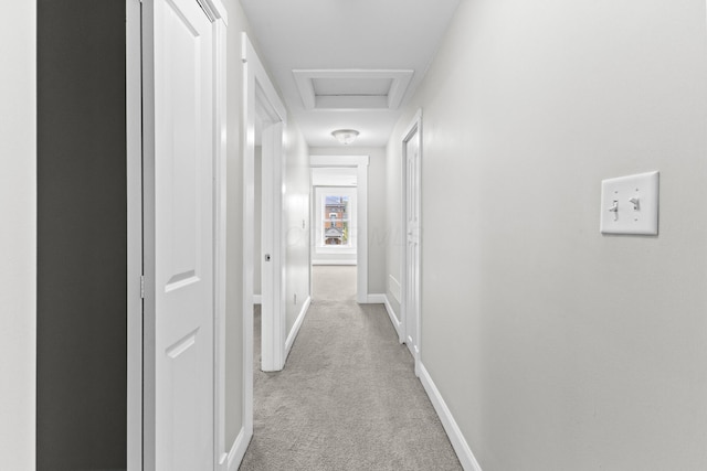 1093 E Long St, Columbus, OH 43203 - hallway with carpet floors, baseboards, and attic access