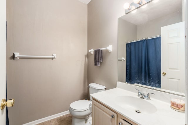 6077 Craughwell Ln, Dublin, OH 43017 - bathroom featuring toilet, tile patterned floors, vanity, baseboards, and a shower with shower curtain