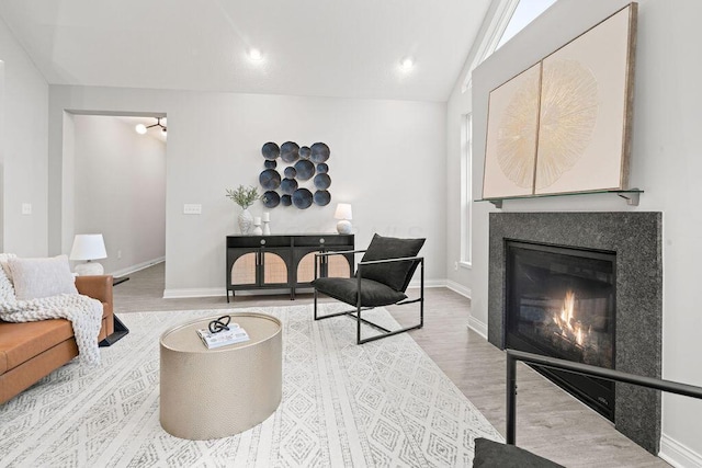 5165 Hamptonshire Dr, Dublin, OH 43016 - living area featuring wood finished floors, a glass covered fireplace, baseboards, and lofted ceiling