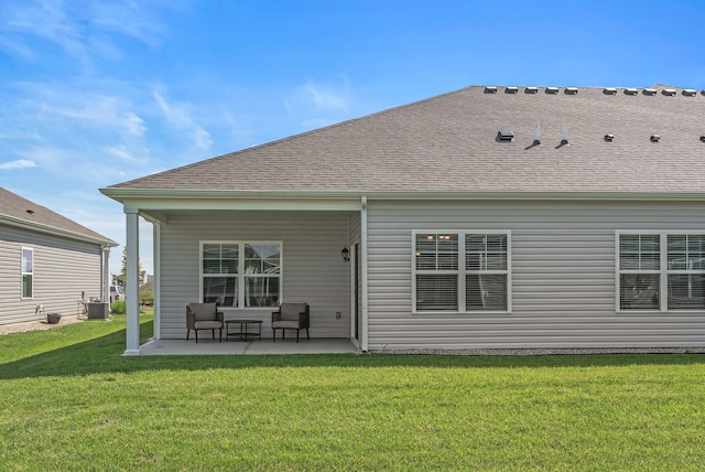 759 Abby Dr, Plain City, OH 43064 - rear view of property featuring a patio area, a yard, central AC unit, and a shingled roof