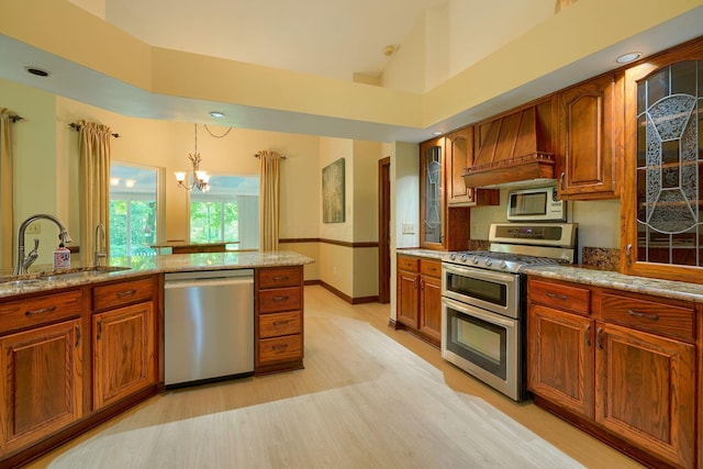 3695 Britton Ave, Columbus, OH 43204 - kitchen featuring stainless steel appliances, a sink, custom exhaust hood, brown cabinetry, and high vaulted ceiling