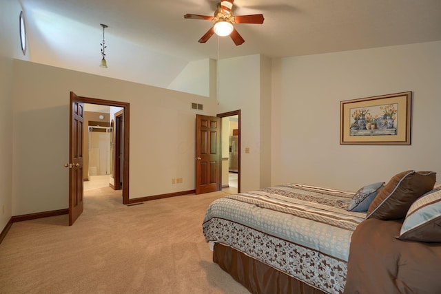 3695 Britton Ave, Columbus, OH 43204 - bedroom with light colored carpet, lofted ceiling, baseboards, and ceiling fan