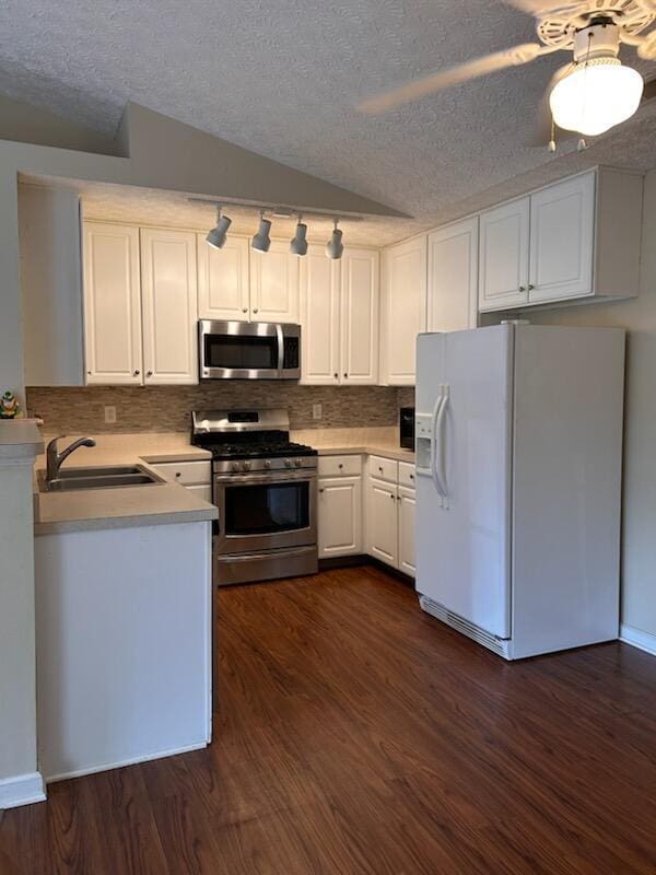 6855 Falcon Ln Unit 4A, Canal Winchester, OH 43110 - kitchen featuring appliances with stainless steel finishes, light countertops, decorative backsplash, a textured ceiling, and lofted ceiling