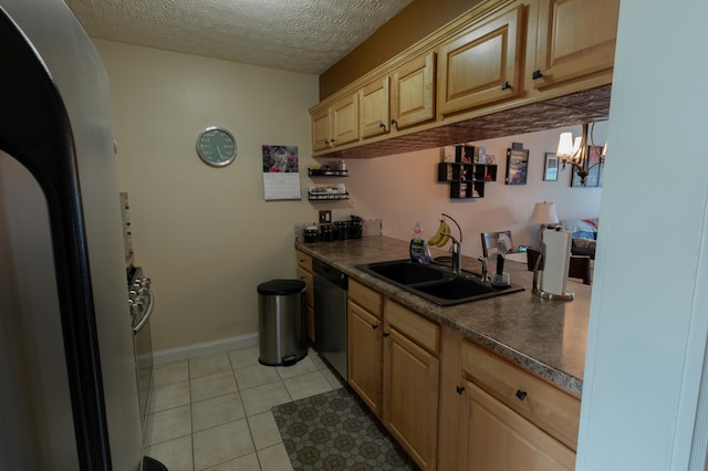 5392 Ponderosa Dr, Columbus, OH 43231 - kitchen with a sink, dishwasher, fridge, light brown cabinetry, and dark countertops
