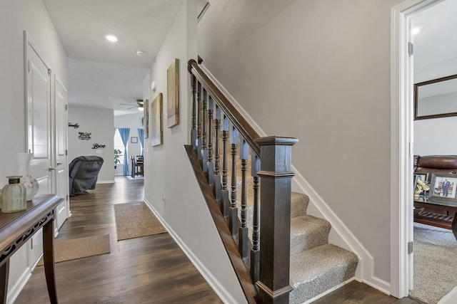 4196 Holstein Dr, Obetz, OH 43207 - staircase featuring ceiling fan, wood finished floors, baseboards, and recessed lighting