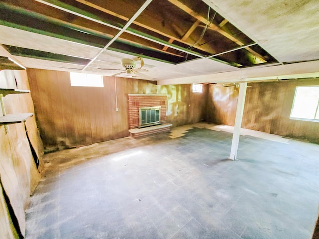 16251 State Route 678, Rockbridge, OH 43149 - basement with wood walls and a brick fireplace