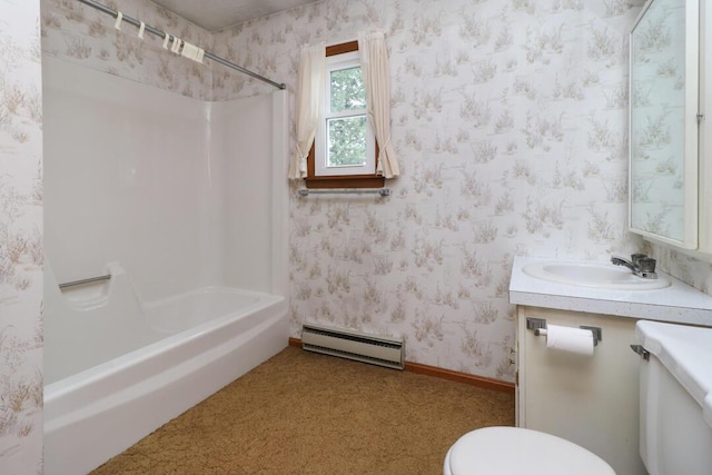 1266 Hanley Rd W, Mansfield, OH 44903 - full bathroom featuring a baseboard heating unit, toilet, vanity, shower / bathtub combination, and wallpapered walls