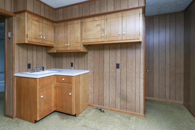 1266 Hanley Rd W, Mansfield, OH 44903 - kitchen featuring light carpet, brown cabinets, light countertops, and wooden walls