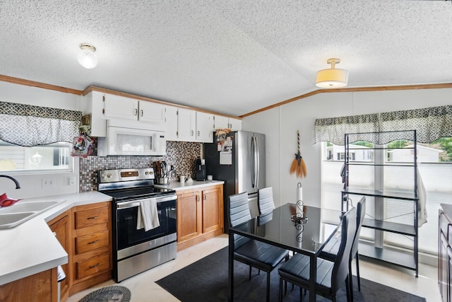 3200 Smeltzer Rd Unit 90, Marion, OH 43302 - kitchen with appliances with stainless steel finishes, a sink, crown molding, healthy amount of natural light, and lofted ceiling