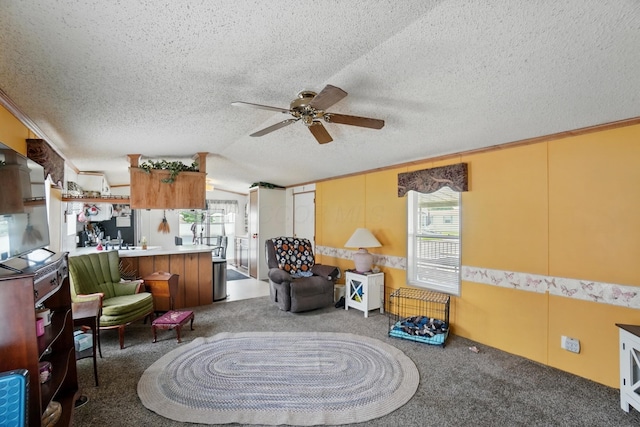 3200 Smeltzer Rd Unit 90, Marion, OH 43302 - living area with a ceiling fan, carpet floors, vaulted ceiling, a textured ceiling, and crown molding