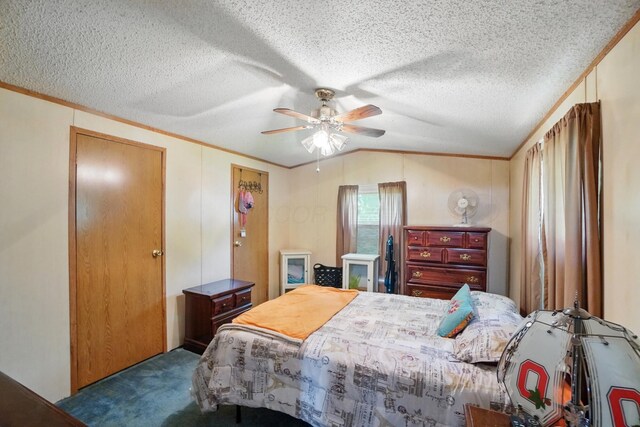 3200 Smeltzer Rd Unit 90, Marion, OH 43302 - carpeted bedroom featuring ornamental molding, lofted ceiling, a textured ceiling, and ceiling fan