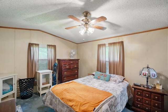 3200 Smeltzer Rd Unit 90, Marion, OH 43302 - carpeted bedroom featuring ornamental molding, vaulted ceiling, ceiling fan, and a textured ceiling
