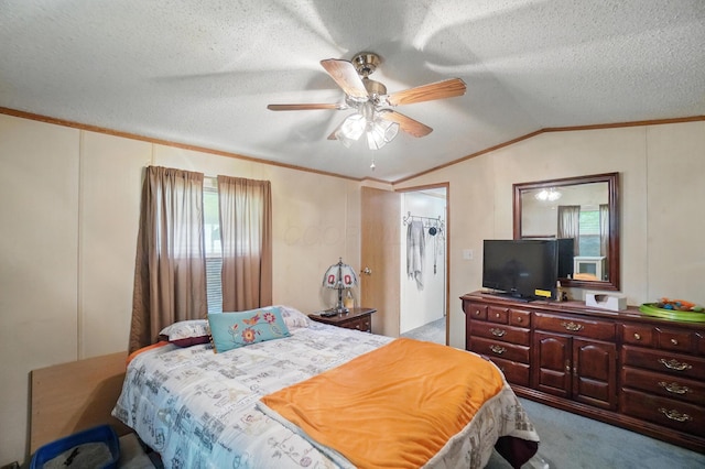 3200 Smeltzer Rd Unit 90, Marion, OH 43302 - bedroom with vaulted ceiling, carpet, crown molding, ceiling fan, and a textured ceiling