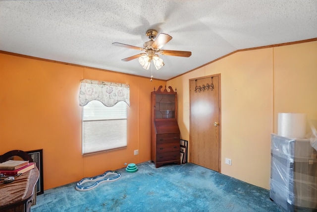3200 Smeltzer Rd Unit 90, Marion, OH 43302 - unfurnished bedroom with crown molding, vaulted ceiling, carpet, a ceiling fan, and a textured ceiling
