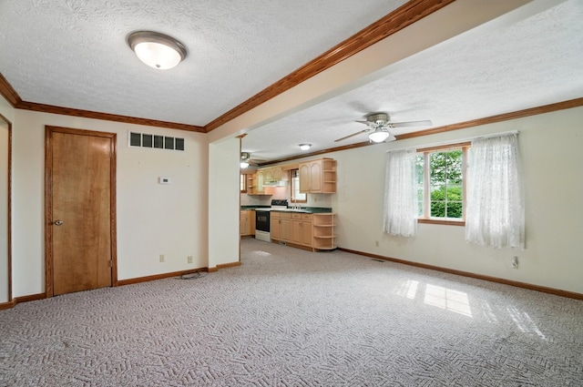 5870 Brook Rd NW, Baltimore, OH 43105 - unfurnished living room with ceiling fan, light colored carpet, ornamental molding, a textured ceiling, and baseboards
