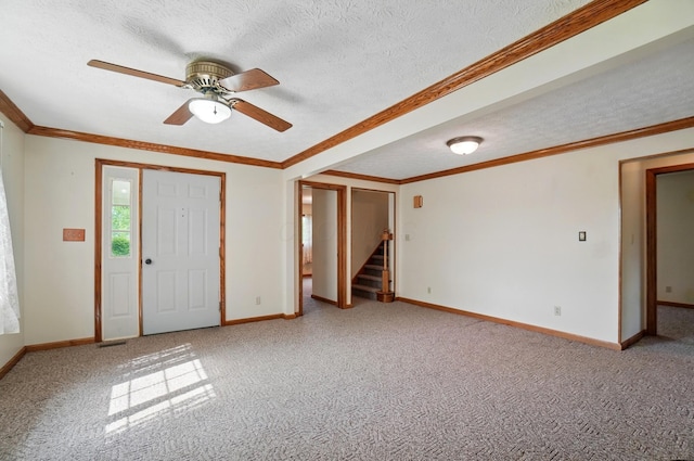 5870 Brook Rd NW, Baltimore, OH 43105 - foyer with a textured ceiling, stairs, carpet, baseboards, and ornamental molding